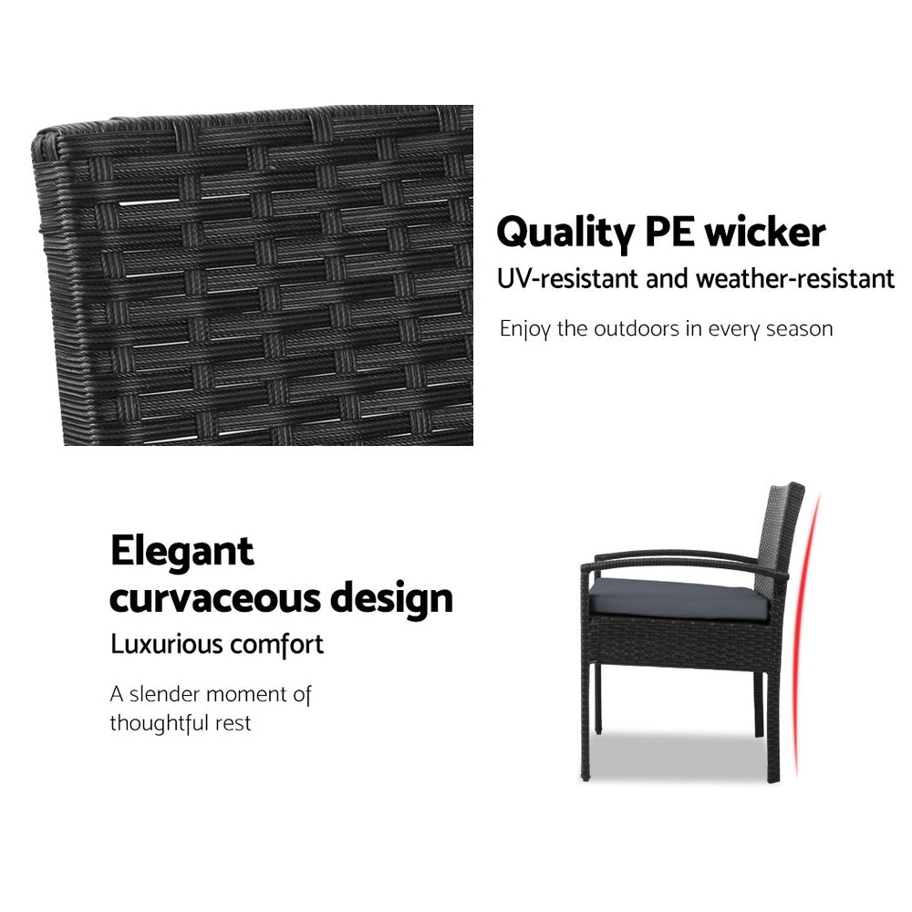 Gardeon 3PC Patio Furniture Bistro Set Wicker Outdoor Lounge Setting Black - TRENDZ
