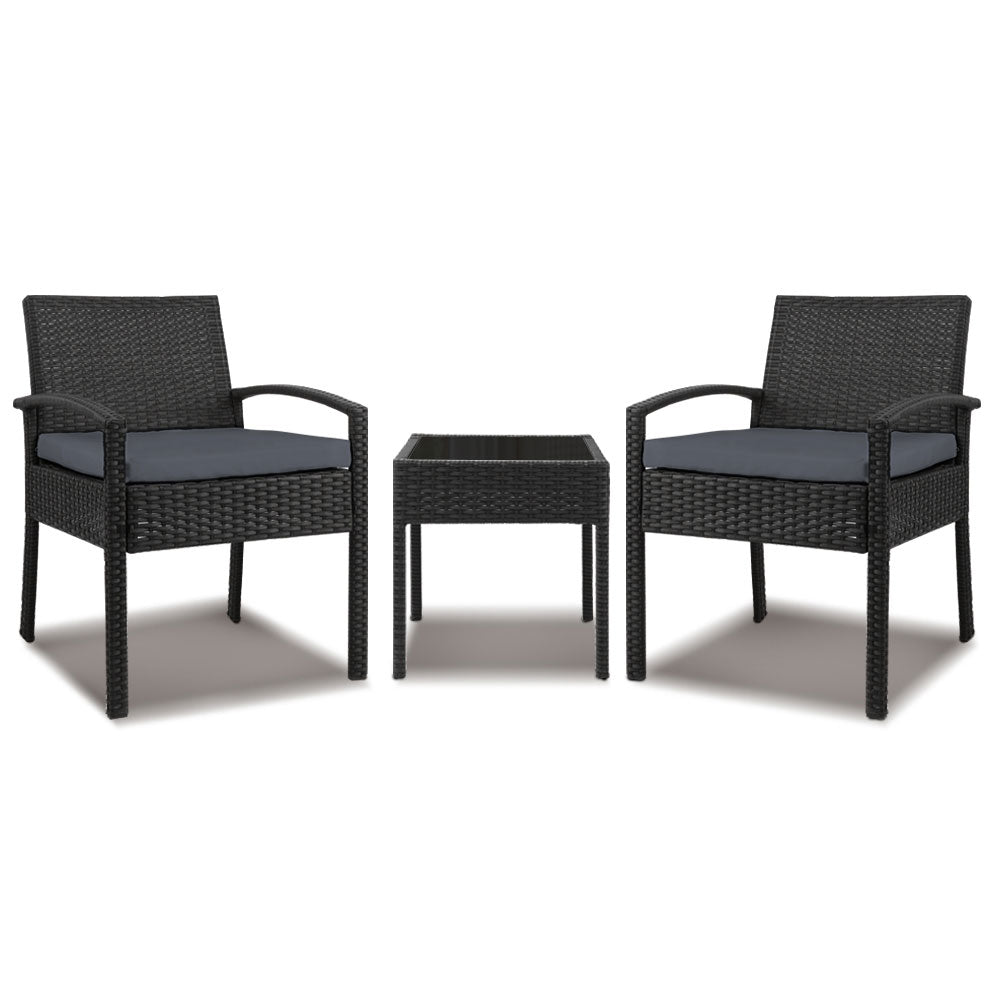 Gardeon 3PC Patio Furniture Bistro Set Wicker Outdoor Lounge Setting Black - TRENDZ