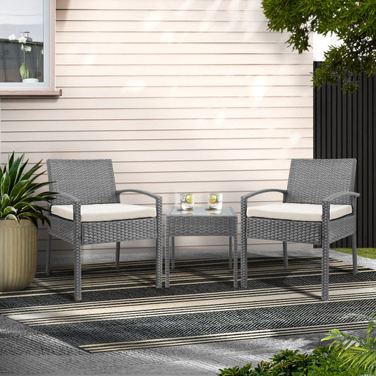 Gardeon 3PC Patio Furniture Bistro Set Wicker Outdoor Lounge Setting Grey - TRENDZ