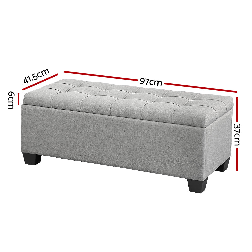 Artiss Storage Ottoman Blanket Box 97cm Button Linen Grey - TRENDZ
