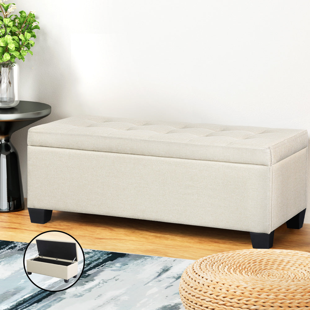 Artiss Storage Ottoman Blanket Box 97cm Linen Beige - TRENDZ