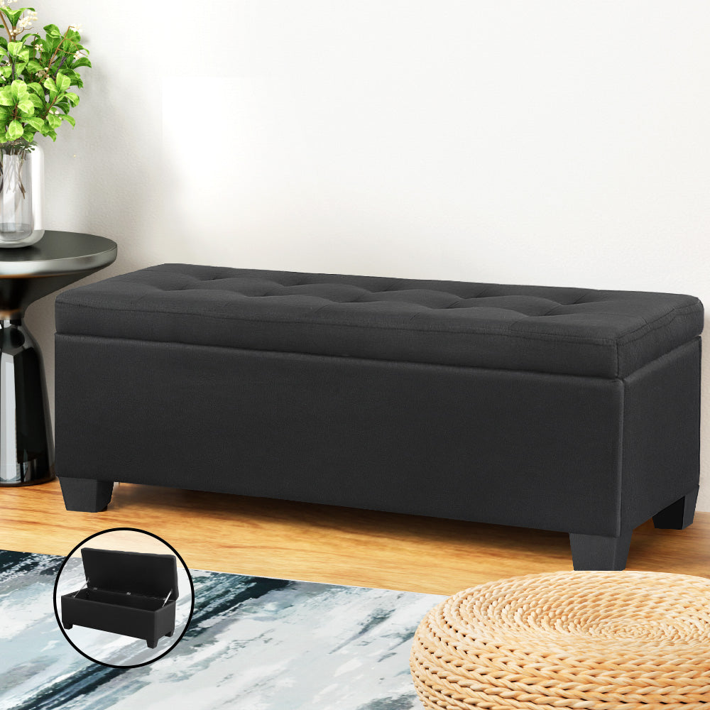Artiss Storage Ottoman Blanket Box 97cm Linen Black - TRENDZ