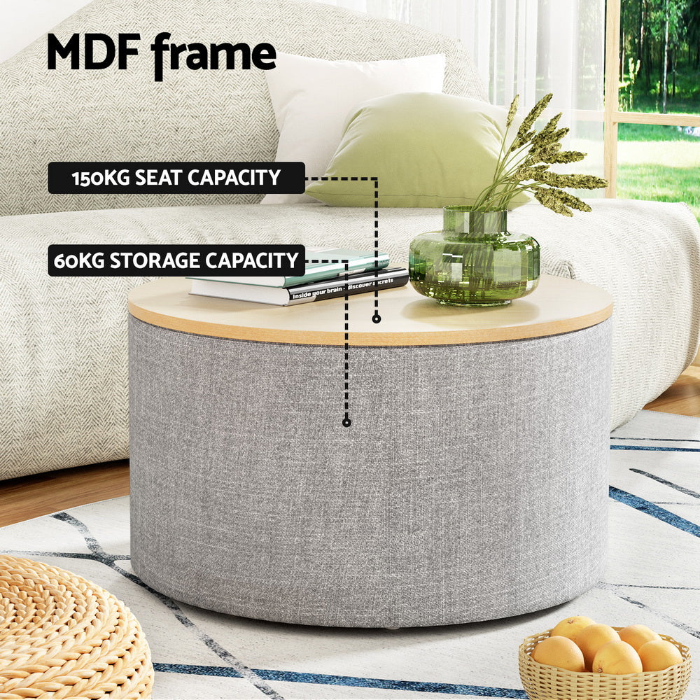 Artiss Storage Ottoman Blanket Box 60cm Linen Round Grey - TRENDZ