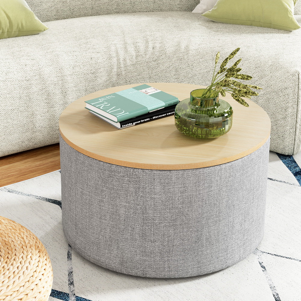 Artiss Storage Ottoman Blanket Box 60cm Linen Round Grey - TRENDZ