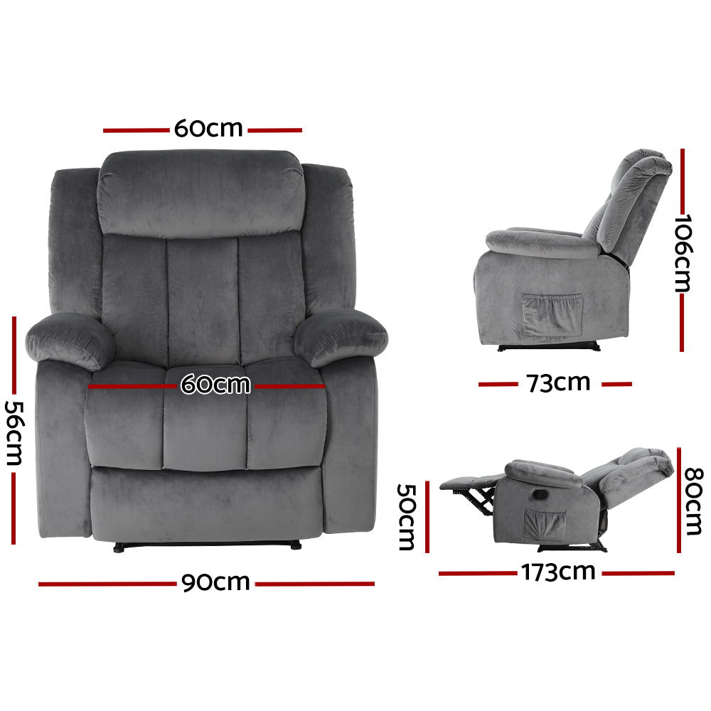 Artiss Recliner Chair Electric Massage Chair Velvet Lounge Sofa Heated Grey - TRENDZ
