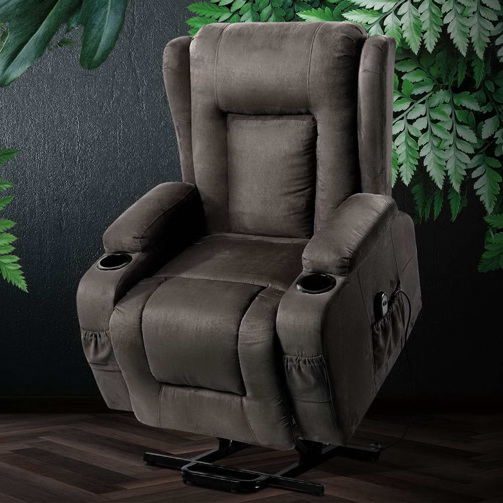Artiss Recliner Chair Lift Assist Heated Massage Chair Velvet Rukwa - TRENDZ