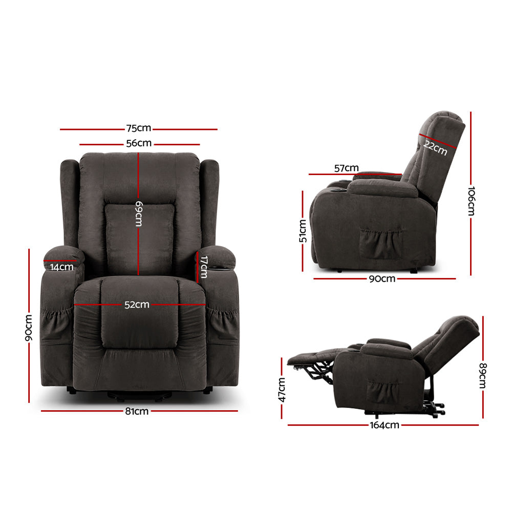 Artiss Recliner Chair Lift Assist Heated Massage Chair Velvet Rukwa - TRENDZ