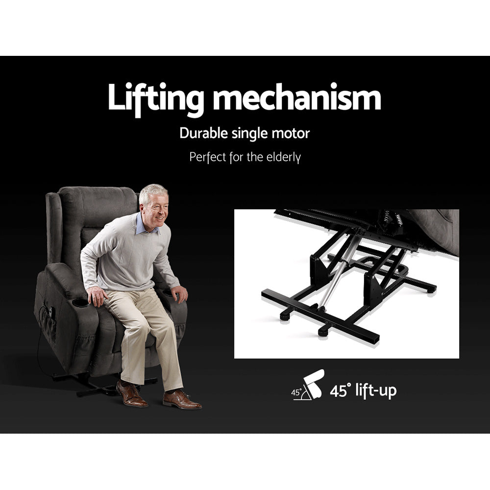 Artiss Recliner Chair Lift Assist Heated Massage Chair Velvet Rukwa - TRENDZ