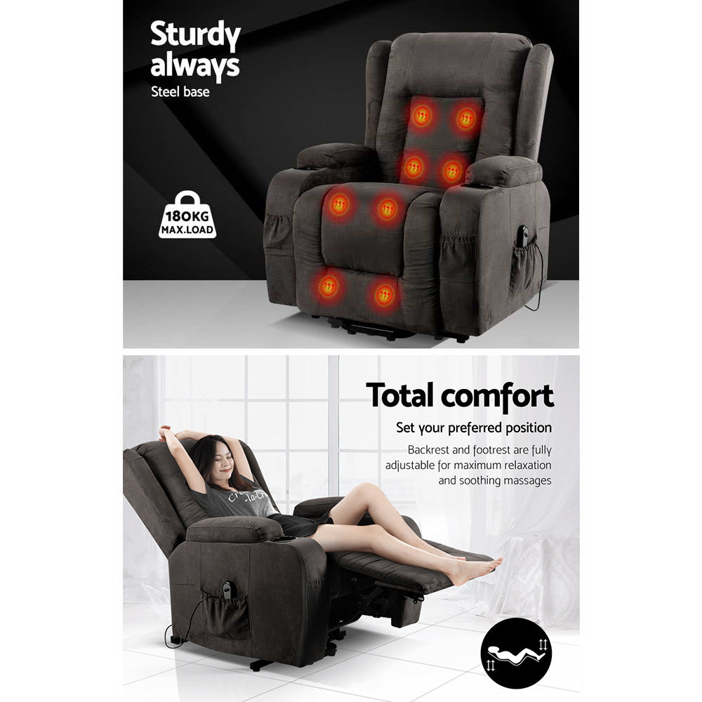 Artiss Recliner Chair Lift Assist Heated Massage Chair Velvet Rukwa - TRENDZ
