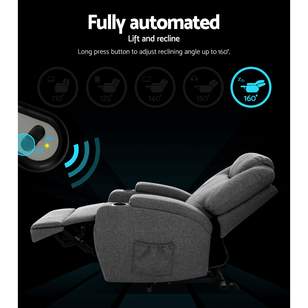 Artiss Recliner Chair Lift Assist Heated Massage Chair Velvet Milio - TRENDZ