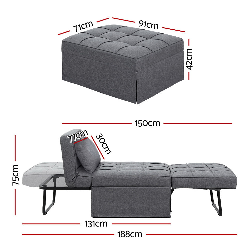 Artiss Sofa Bed Lounge Convertible Ottoman 1 Seater Couch Recliner Linen Grey - TRENDZ