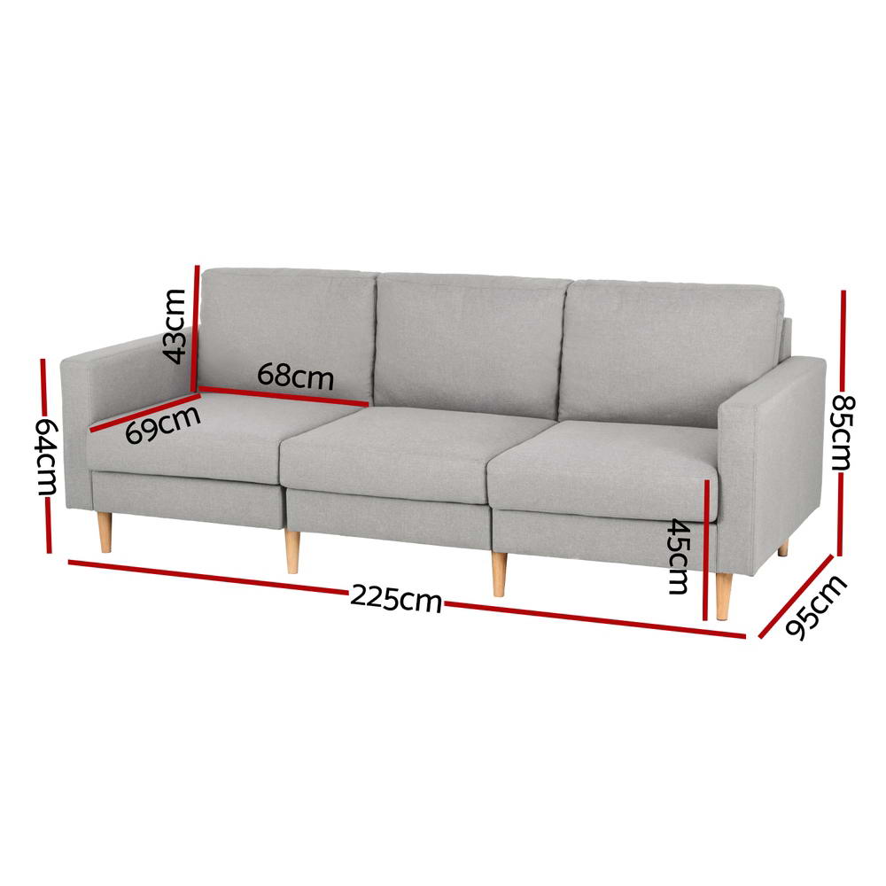 Artiss 3 Seater Sofa 225cm Linen Fabric Grey - TRENDZ