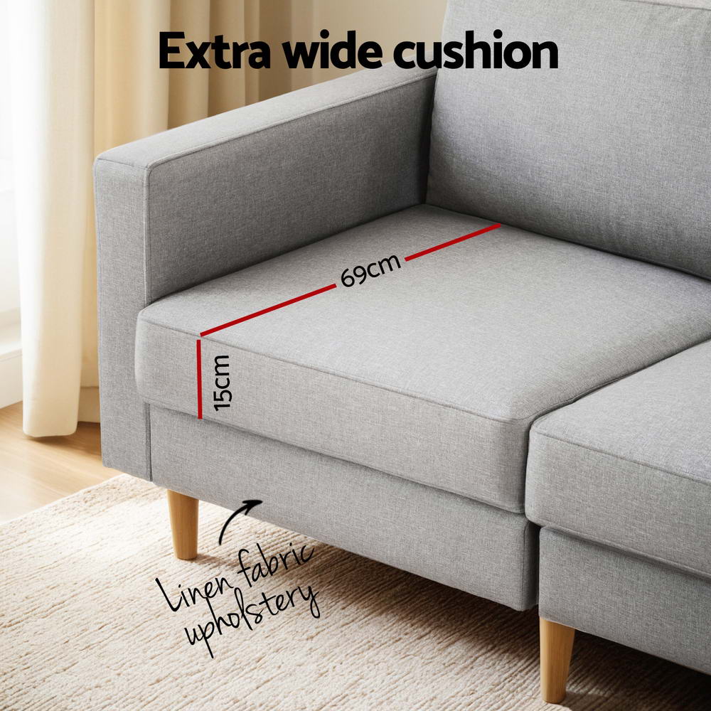 Artiss 3 Seater Sofa 225cm Linen Fabric Grey - TRENDZ