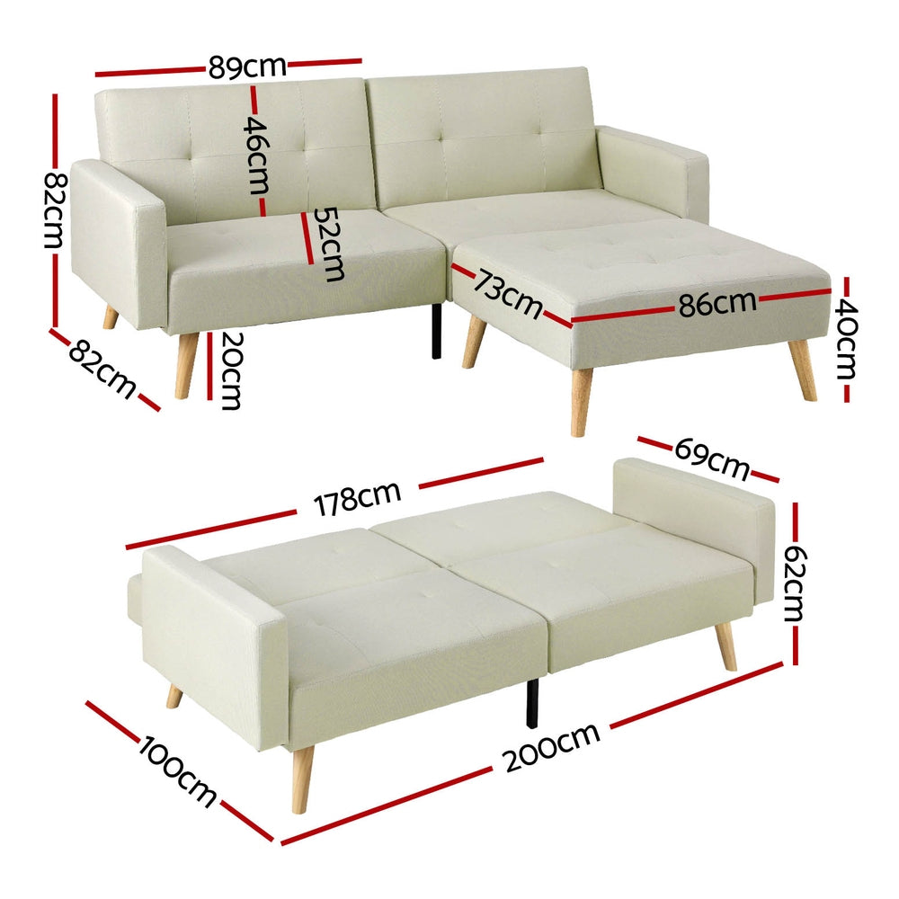 Artiss Sofa Bed Lounge Convertible Ottoman Couch Recliner 3 Seater Fabric Beige - TRENDZ