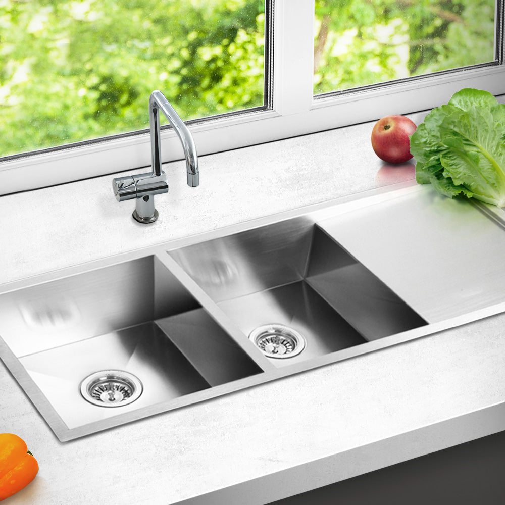 Cefito Kitchen Sink 111X45CM Stainless Steel Basin Double Bowl Silver - TRENDZ