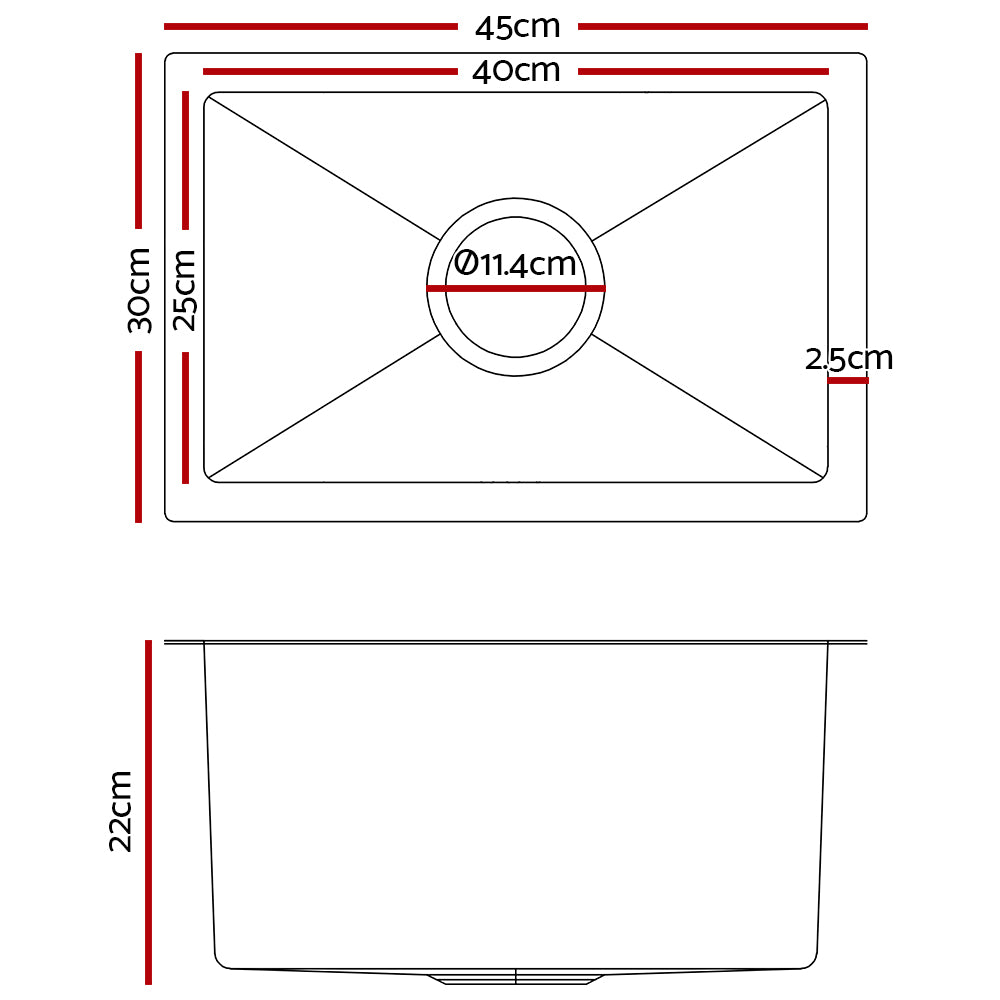 Cefito Kitchen Sink 45X30CM Stainless Steel Basin Single Bowl Silver - TRENDZ