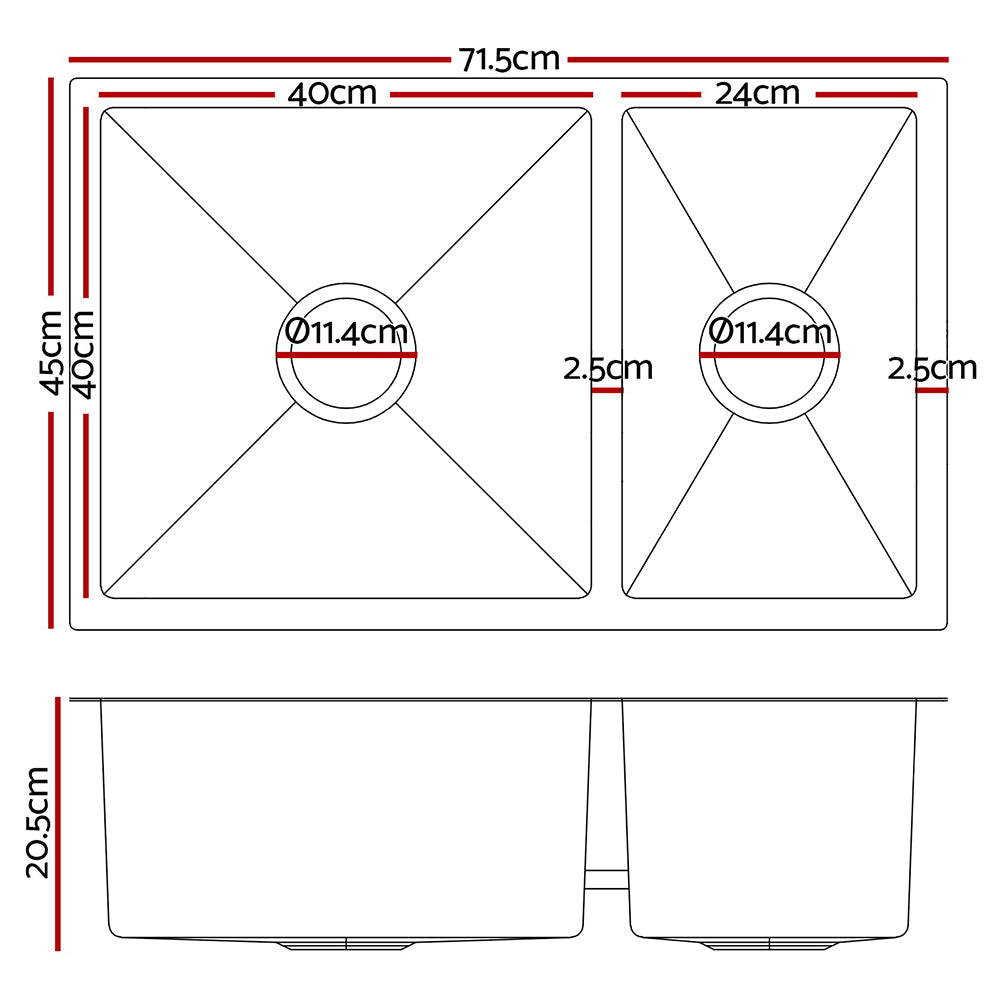 Cefito Kitchen Sink 71X45CM Stainless Steel Basin Double Bowl Silver - TRENDZ