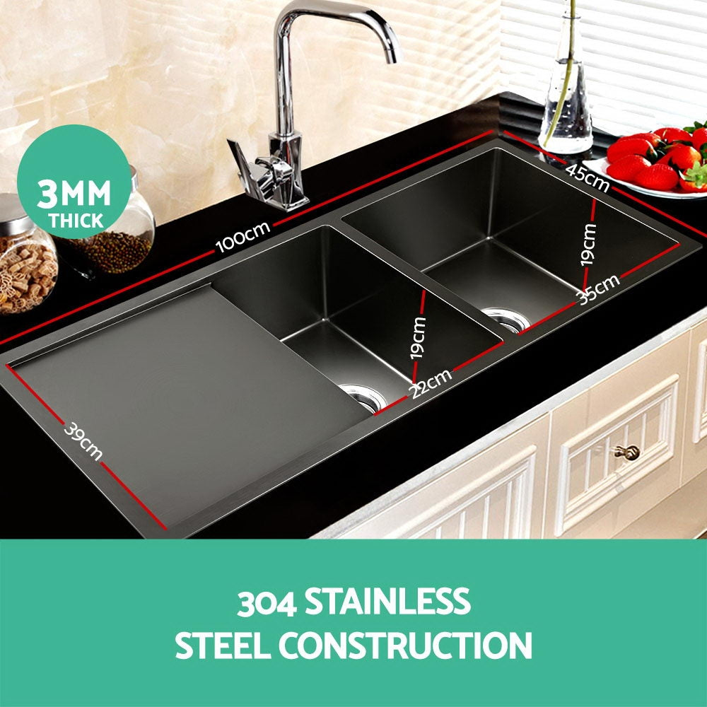 Cefito Kitchen Sink 100X45CM Stainless Steel Basin Double Bowl Black - TRENDZ