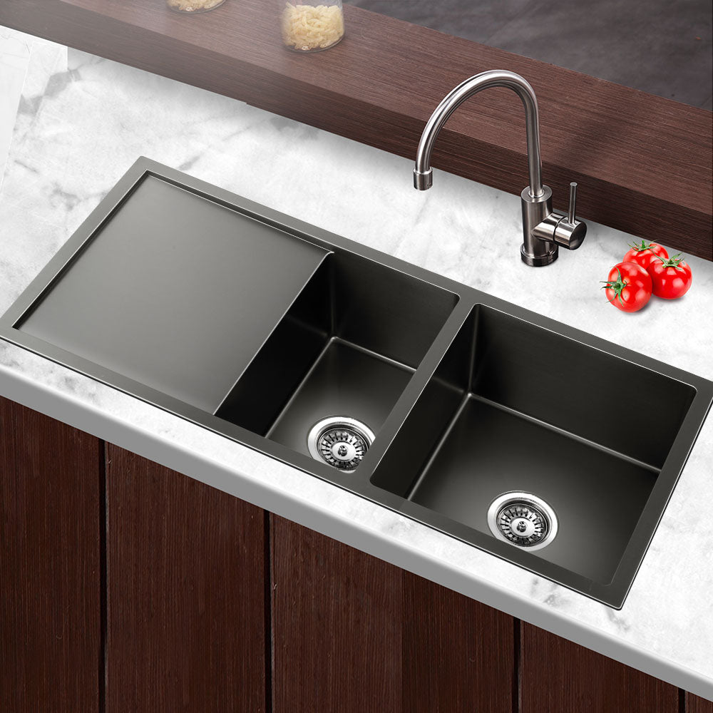 Cefito Kitchen Sink 100X45CM Stainless Steel Basin Double Bowl Black - TRENDZ