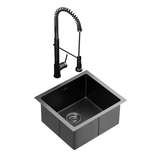 Cefito Stainless Steel Sink 51x45CM With Pull Out Mixer Tap Kitchen Single Bowl Black - TRENDZ