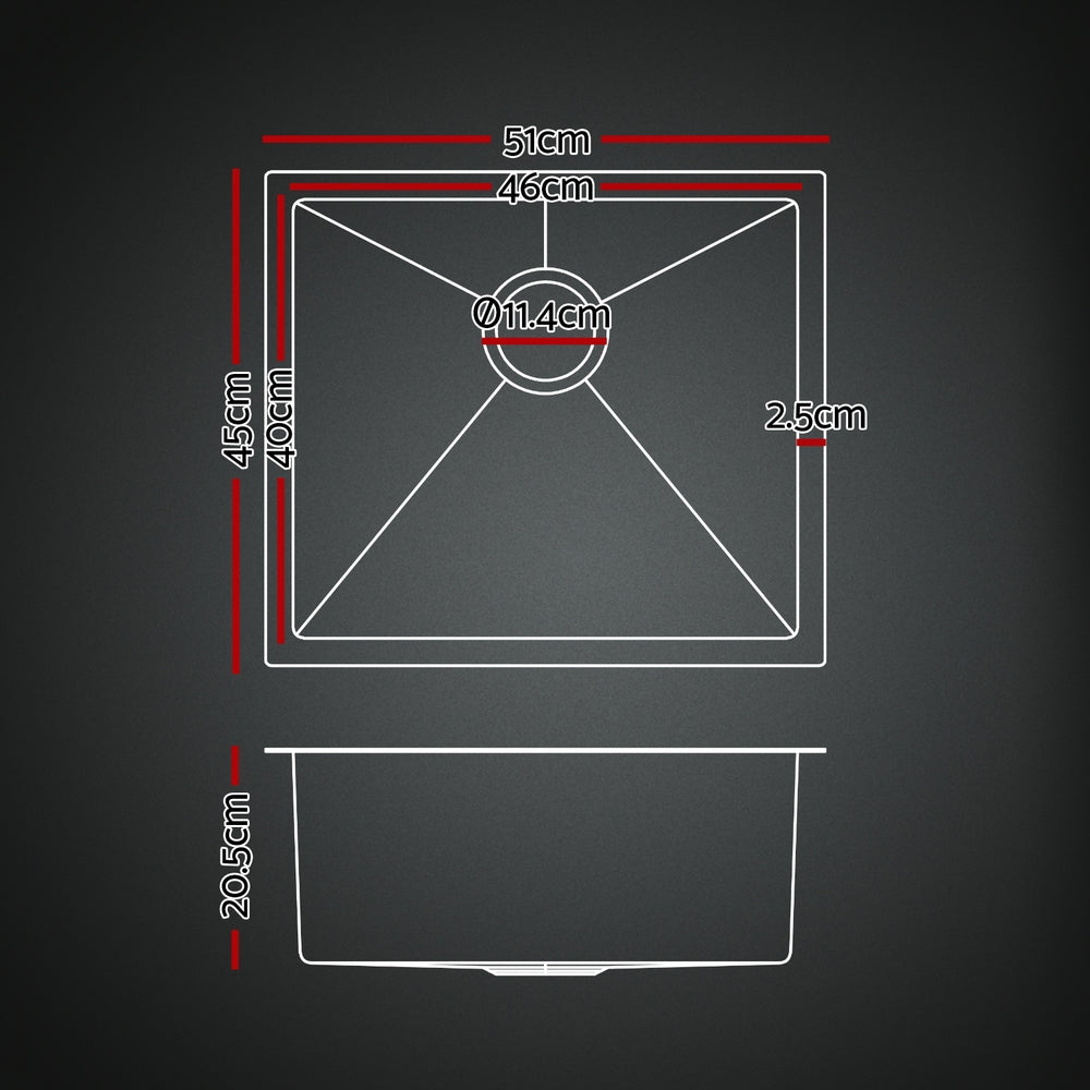 Cefito Stainless Steel Sink 51x45CM With Pull Out Mixer Tap Kitchen Single Bowl Black - TRENDZ
