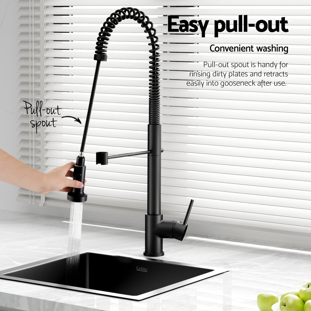 Cefito Stainless Steel Sink 51x45CM With Pull Out Mixer Tap Kitchen Single Bowl Black - TRENDZ
