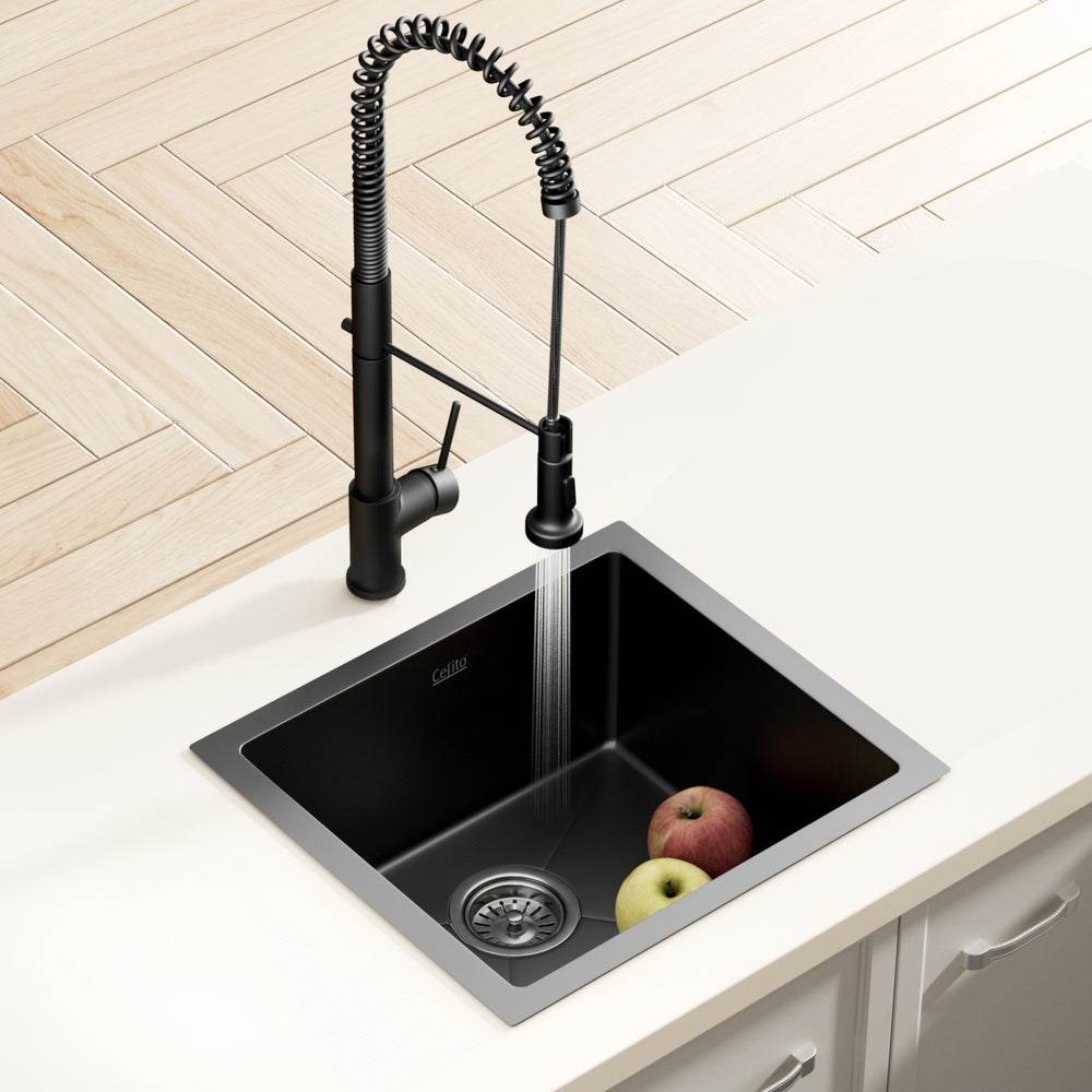 Cefito Stainless Steel Sink 51x45CM With Pull Out Mixer Tap Kitchen Single Bowl Black - TRENDZ