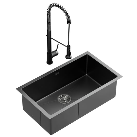 Cefito Stainless Steel Sink 70x45CM With Pull Out Mixer Tap Kitchen Basin Single Bowl Black - TRENDZ