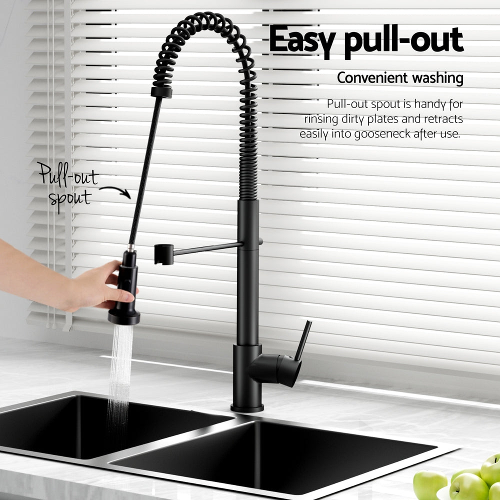 Cefito Stainless Steel Sink 77x45CM With Pull Out Mixer Tap Kitchen Double Bowl Black - TRENDZ