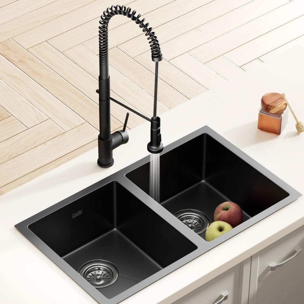 Cefito Stainless Steel Sink 77x45CM With Pull Out Mixer Tap Kitchen Double Bowl Black - TRENDZ
