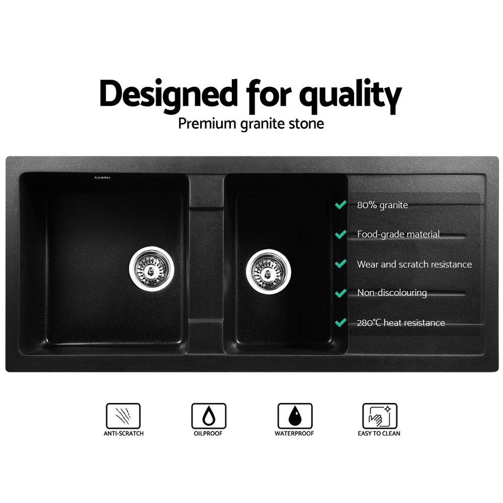 Cefito Stone Kitchen Sink 1160X500MM Granite Under/Topmount Basin Double Bowl Black - TRENDZ