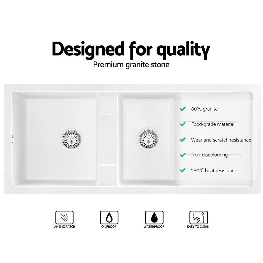 Cefito Stone Kitchen Sink 1160X500MM Granite Under/Topmount Basin Double Bowl White - TRENDZ
