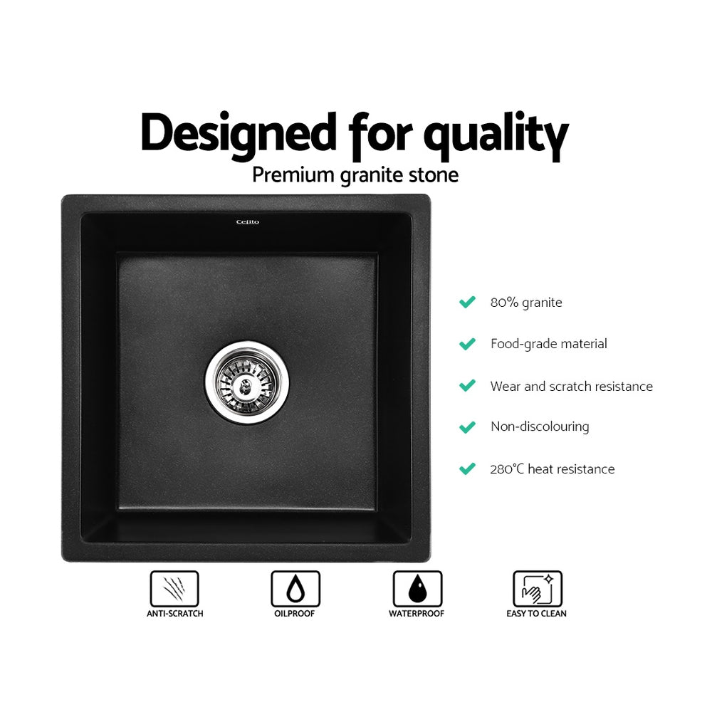 Cefito Stone Kitchen Sink 450X450MM Granite Under/Topmount Basin Bowl Laundry Black - TRENDZ