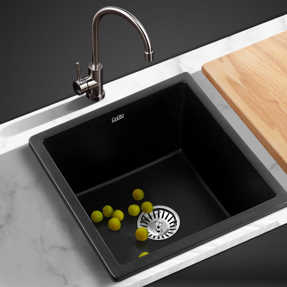 Cefito Stone Kitchen Sink 450X450MM Granite Under/Topmount Basin Bowl Laundry Black - TRENDZ