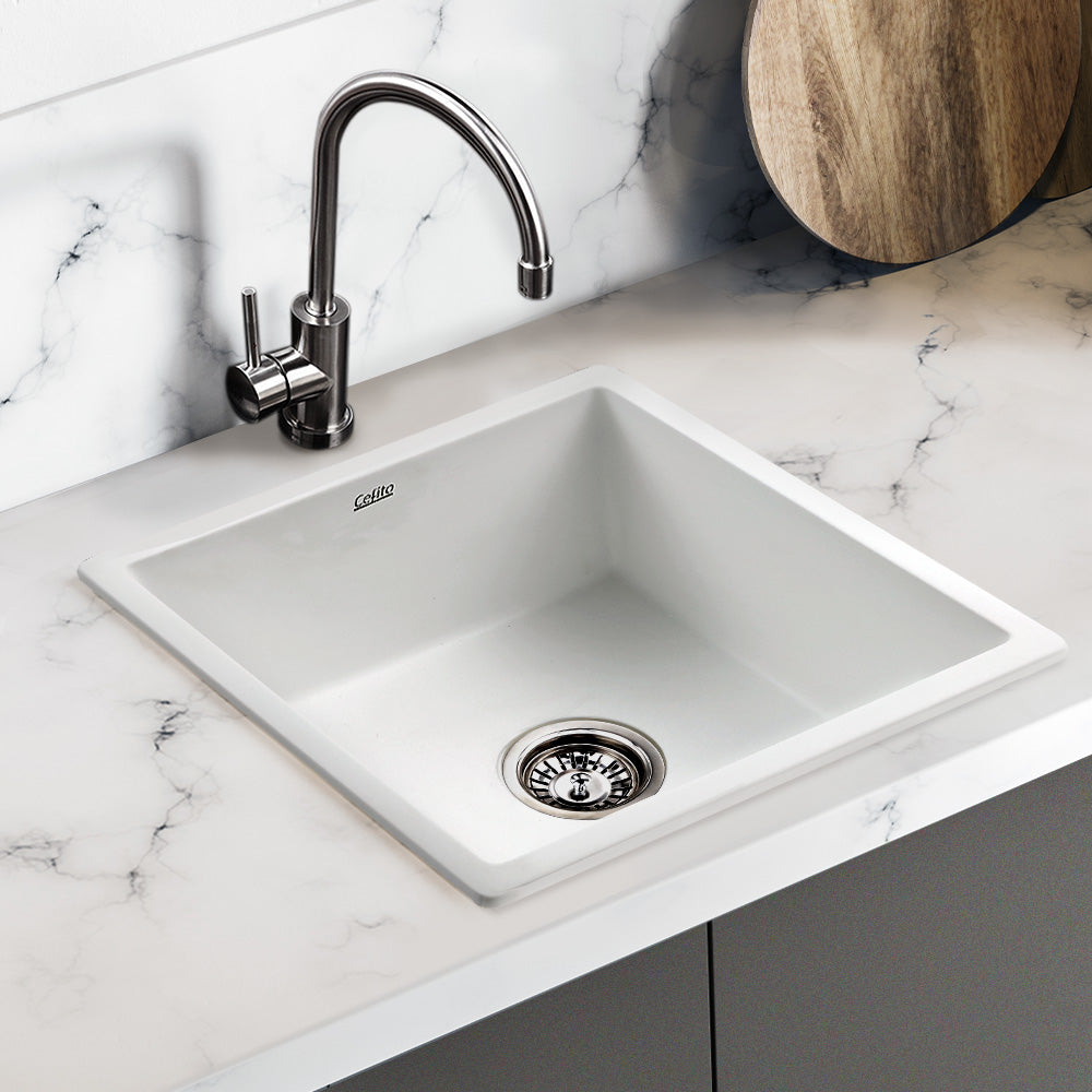 Cefito Stone Kitchen Sink 450X450MM Granite Under/Topmount Basin Bowl Laundry White - TRENDZ