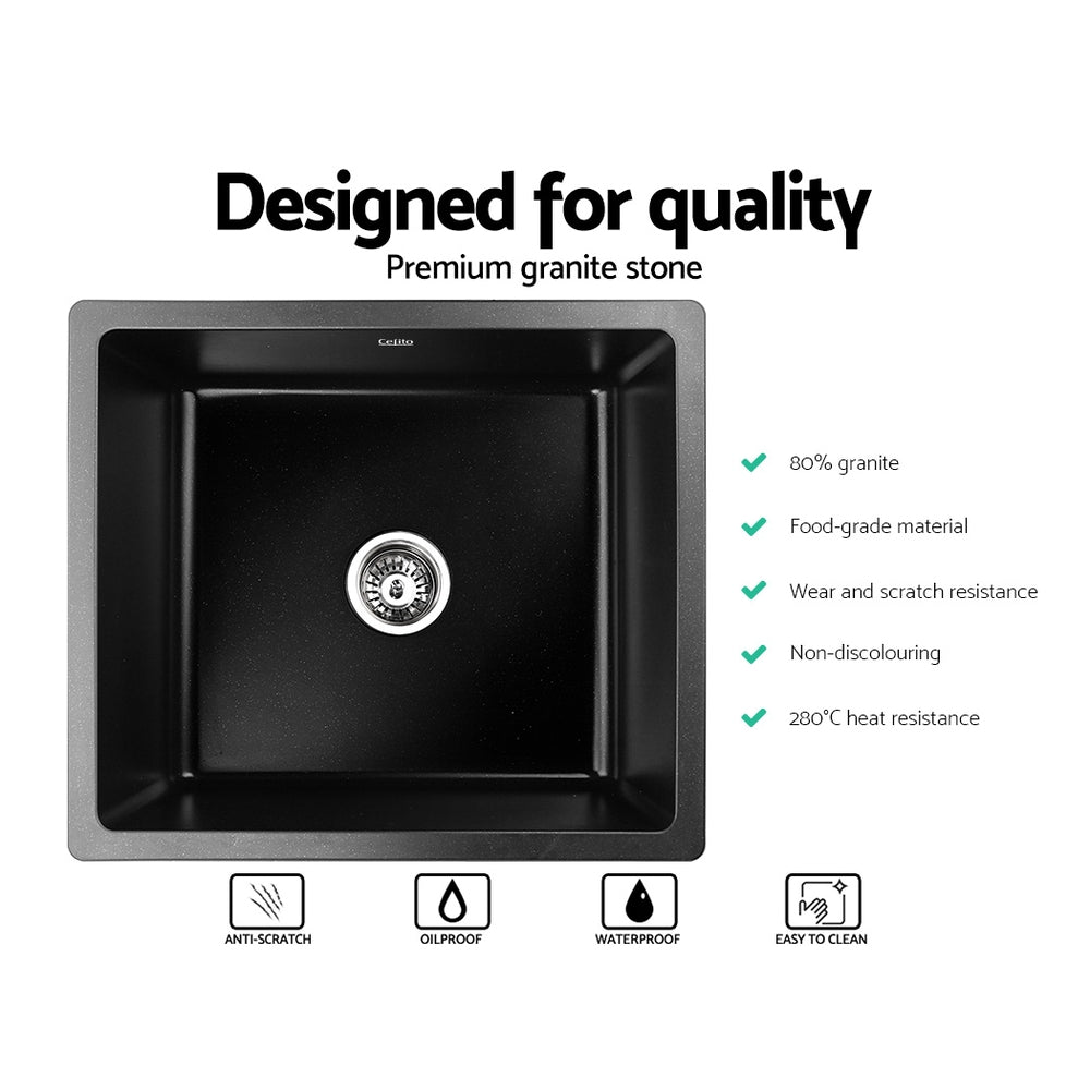 Cefito Stone Kitchen Sink 460X410MM Granite Under/Topmount Basin Bowl Laundry Black - TRENDZ