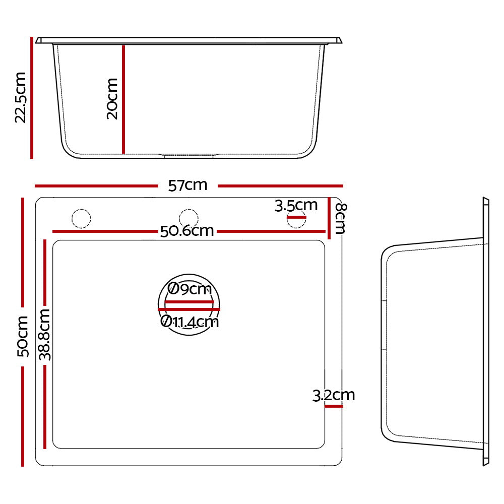 Cefito Stone Kitchen Sink 570x500MM Granite Under or Topmount Basin Bowl Laundry Black - TRENDZ