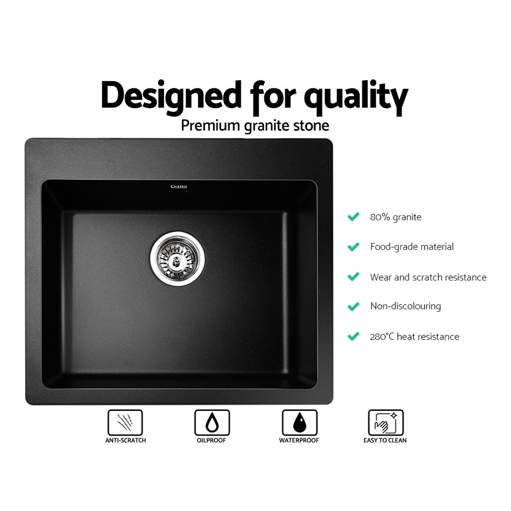 Cefito Stone Kitchen Sink 570x500MM Granite Under or Topmount Basin Bowl Laundry Black - TRENDZ