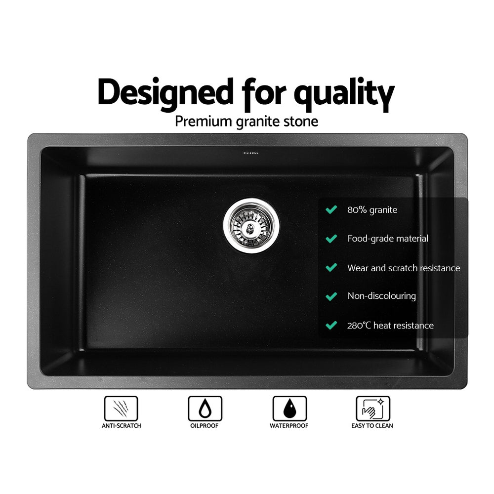 Cefito Stone Kitchen Sink 790X450MM Granite Under/Topmount Basin Bowl Laundry Black - TRENDZ