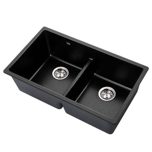 Cefito Stone Kitchen Sink 790X460MM Granite Under/Topmount Basin Double Bowl Black - TRENDZ