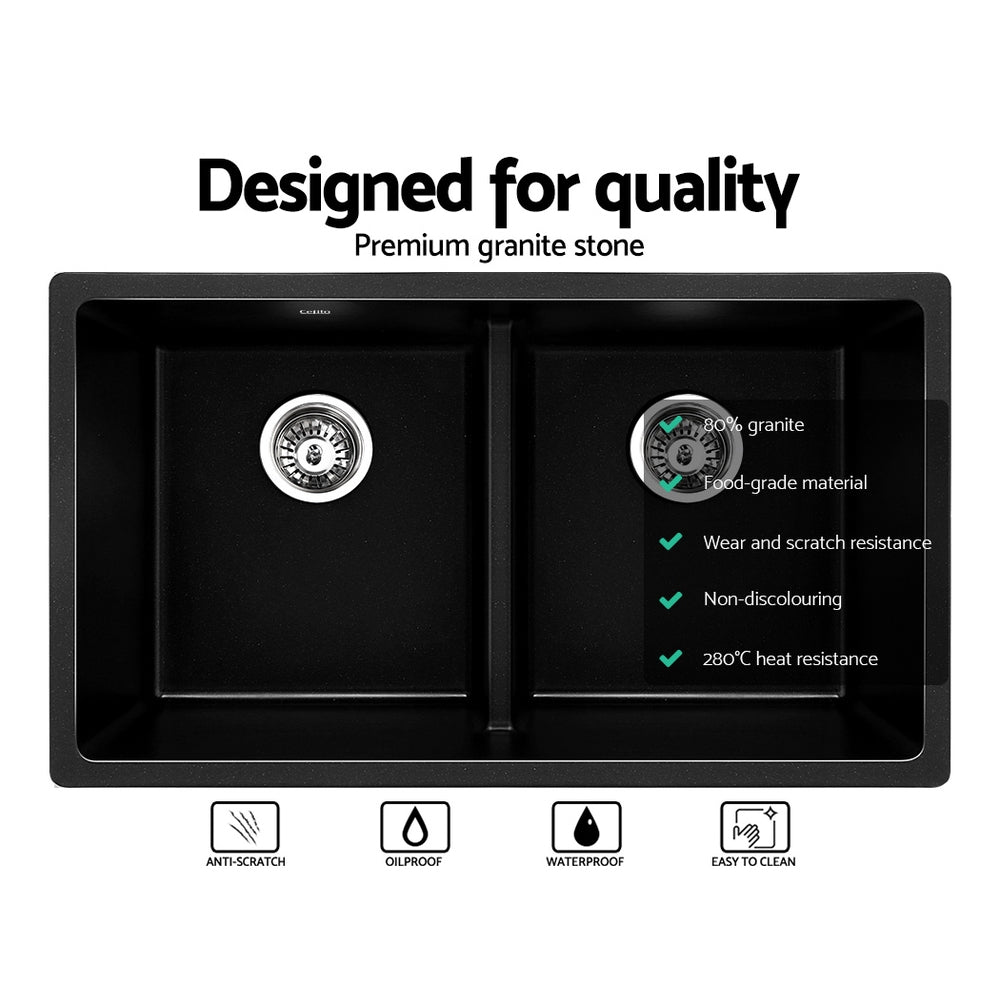 Cefito Stone Kitchen Sink 790X460MM Granite Under/Topmount Basin Double Bowl Black - TRENDZ