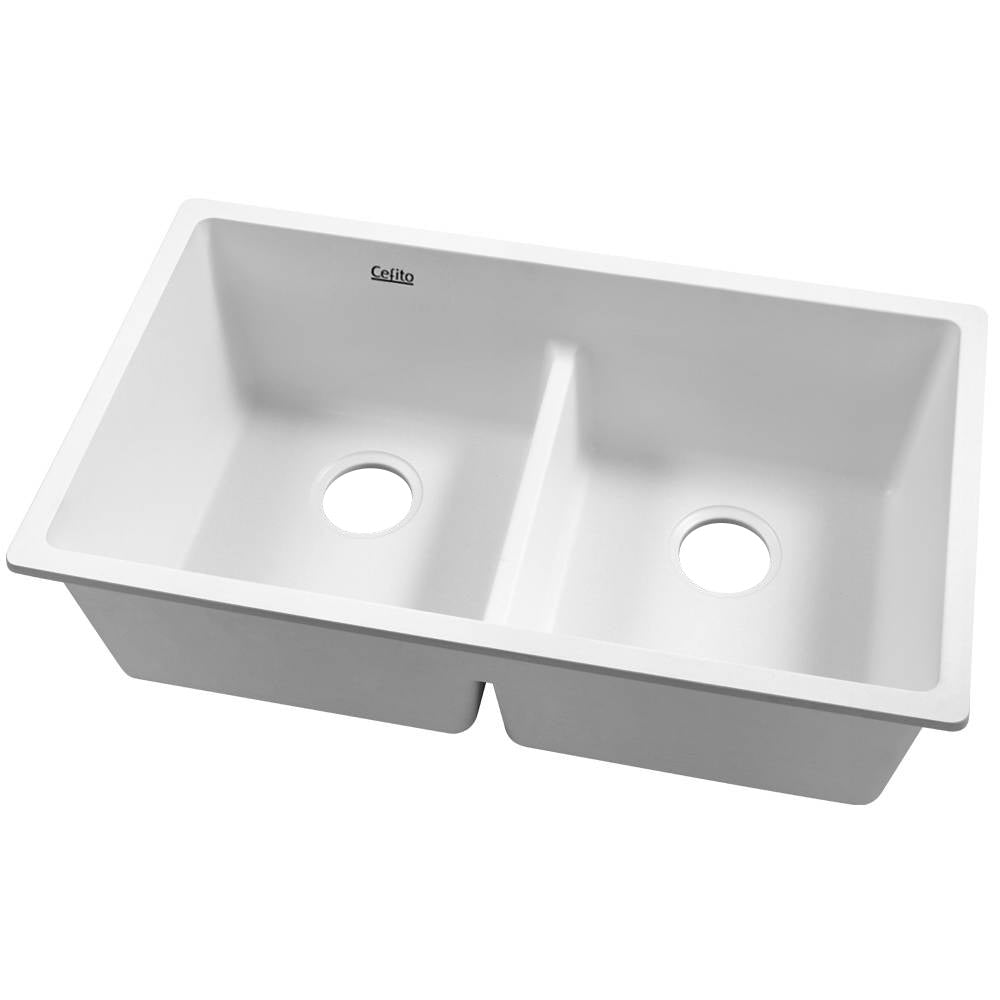 Cefito Stone Kitchen Sink 790X460MM Granite Under/Topmount Basin Double Bowl White - TRENDZ