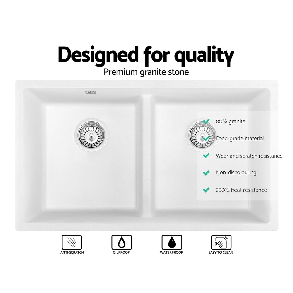 Cefito Stone Kitchen Sink 790X460MM Granite Under/Topmount Basin Double Bowl White - TRENDZ