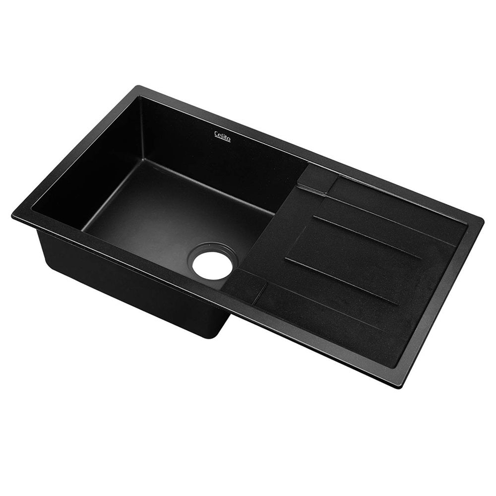 Cefito Stone Kitchen Sink 860X500MM Granite Under/Topmount Basin Bowl Laundry Black - TRENDZ