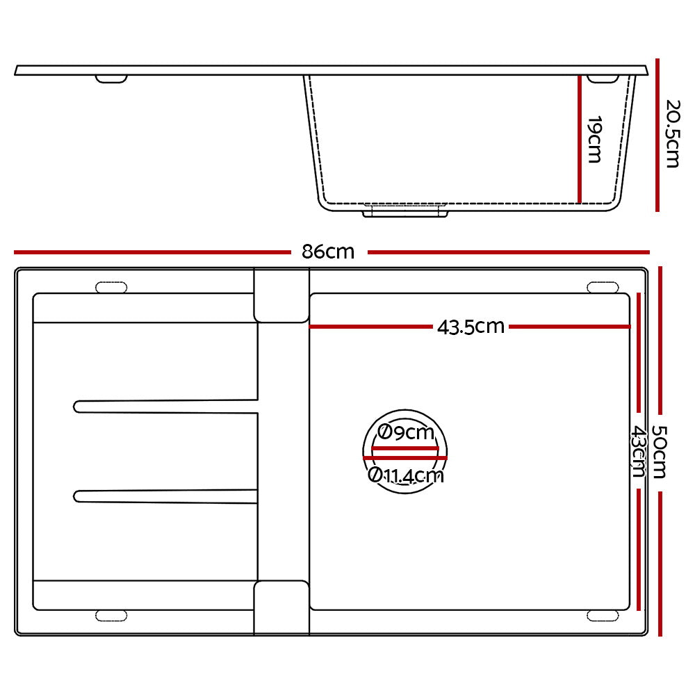 Cefito Stone Kitchen Sink 860X500MM Granite Under/Topmount Basin Bowl Laundry Black - TRENDZ