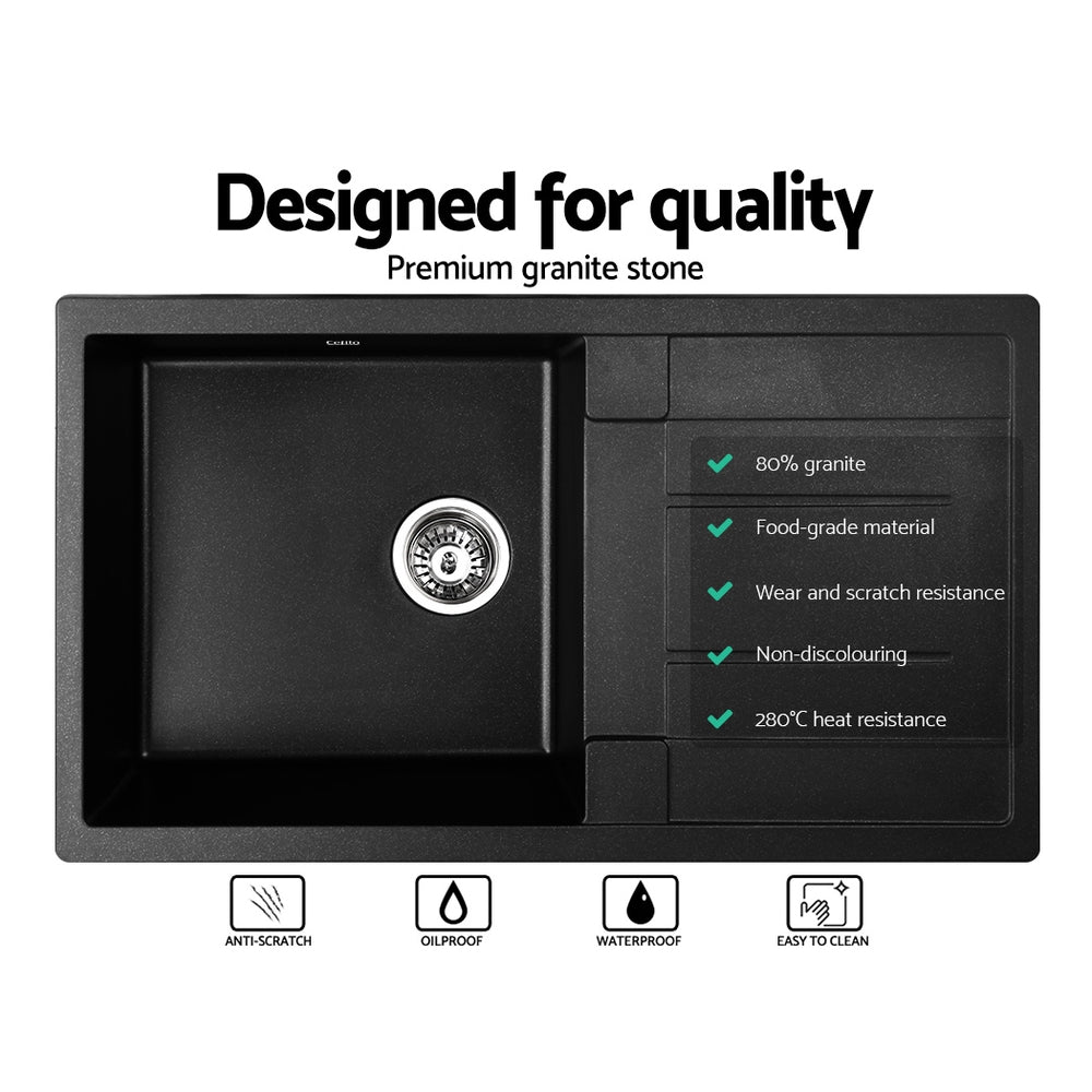 Cefito Stone Kitchen Sink 860X500MM Granite Under/Topmount Basin Bowl Laundry Black - TRENDZ