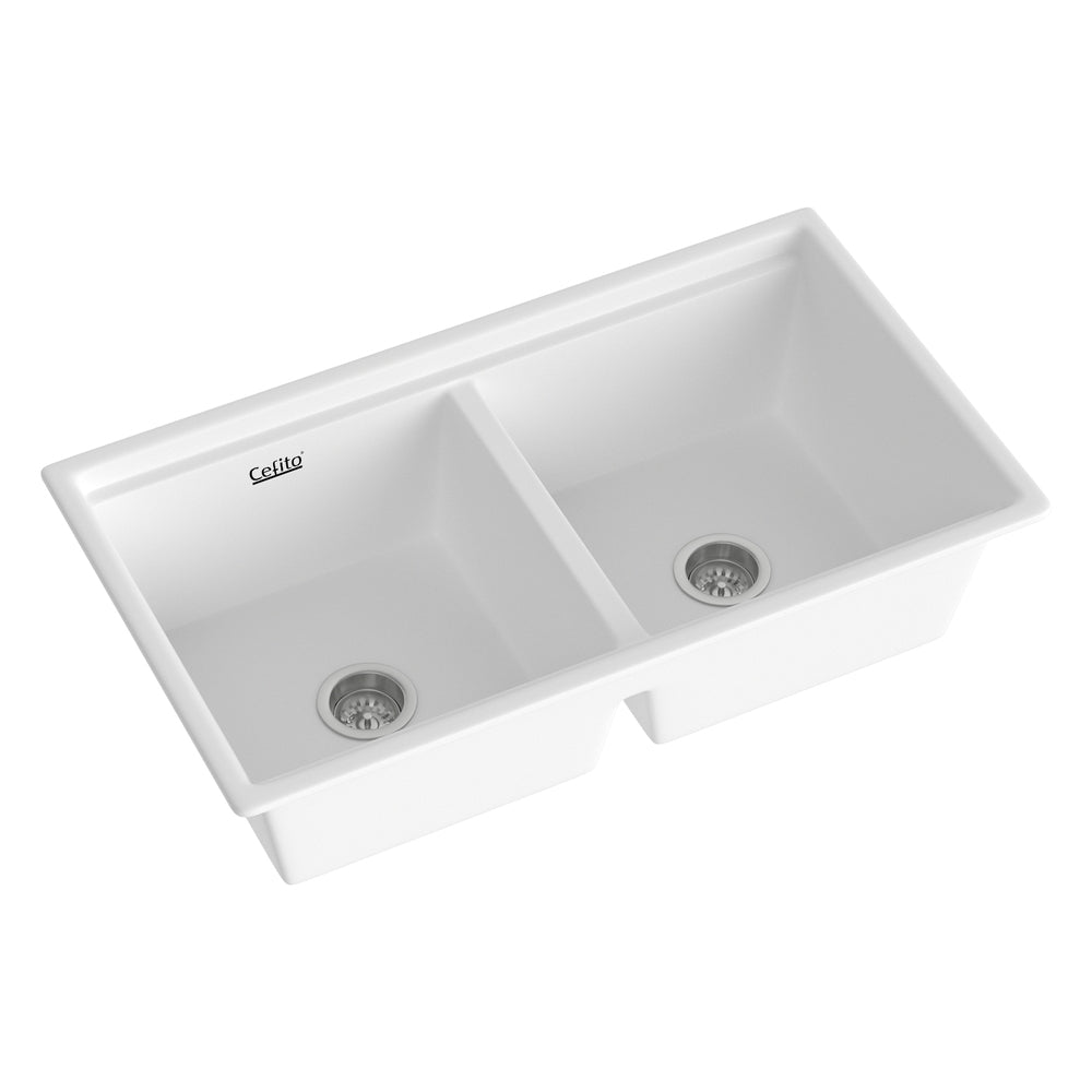 Cefito Kitchen Sink Stone Sink Granite Laundry Basin Double Bowl 79cmx46cm White - TRENDZ