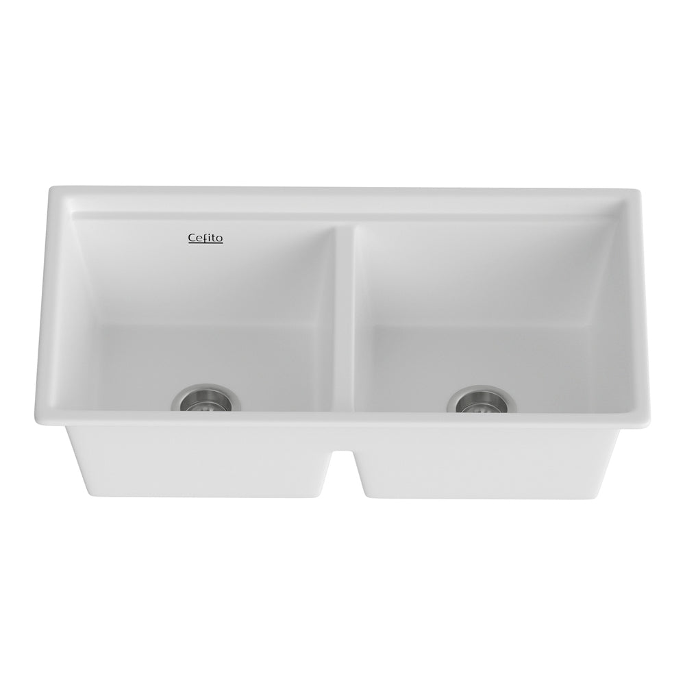 Cefito Kitchen Sink Stone Sink Granite Laundry Basin Double Bowl 79cmx46cm White - TRENDZ