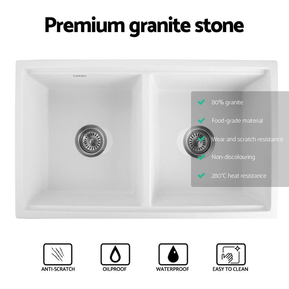 Cefito Kitchen Sink Stone Sink Granite Laundry Basin Double Bowl 79cmx46cm White - TRENDZ