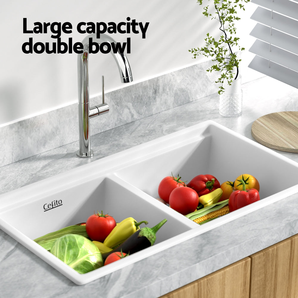 Cefito Kitchen Sink Stone Sink Granite Laundry Basin Double Bowl 79cmx46cm White - TRENDZ